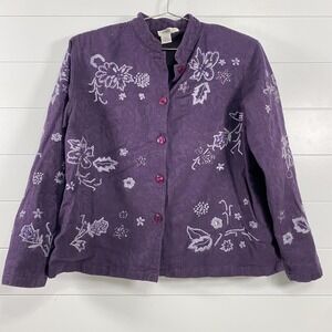 Coldwater Creek Jacket Womens Large Purple Embroidered Floral Sequin Linen Blend